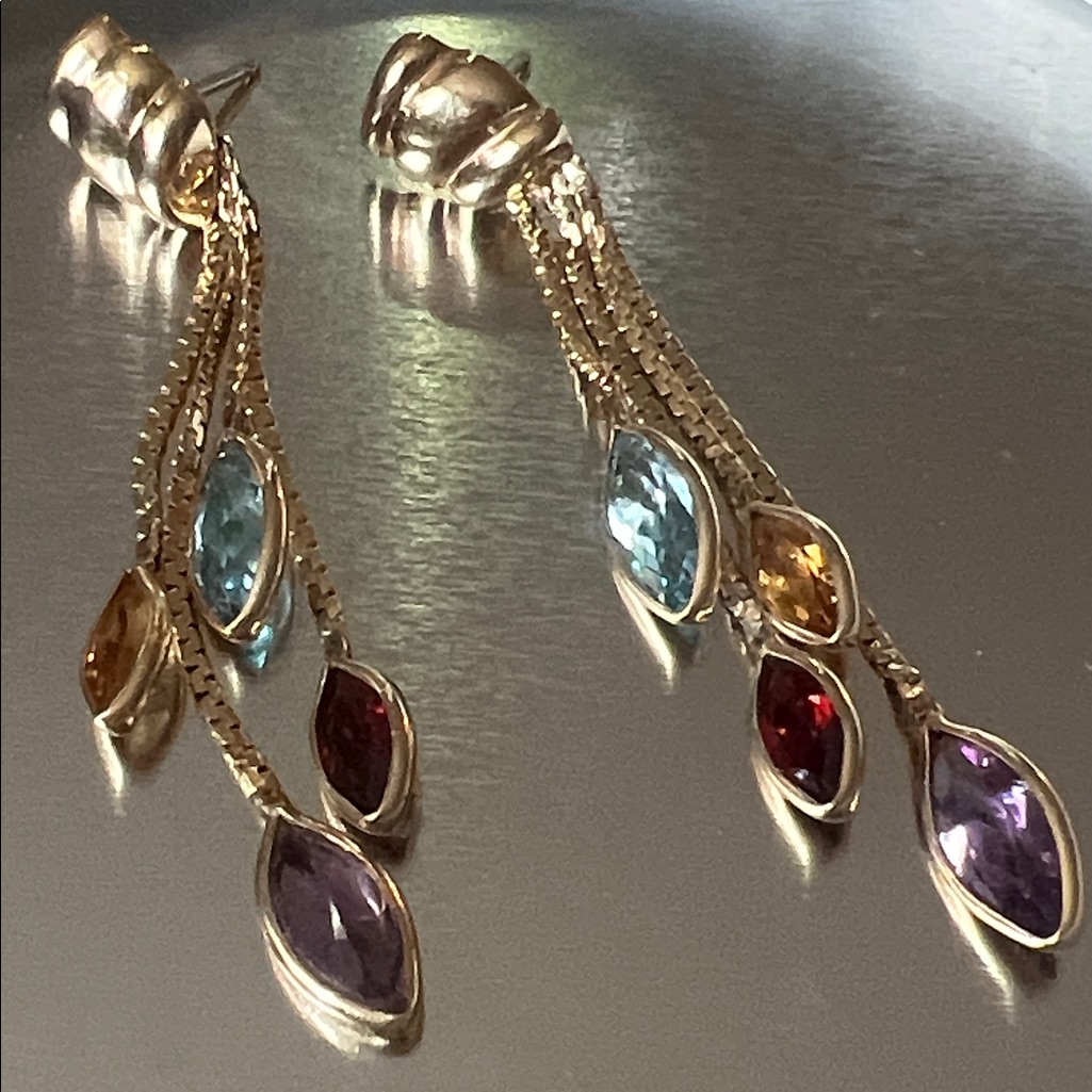 Vintage 14k Gold Esh Marquis Cut Dangling Multi Gemstone Earrings